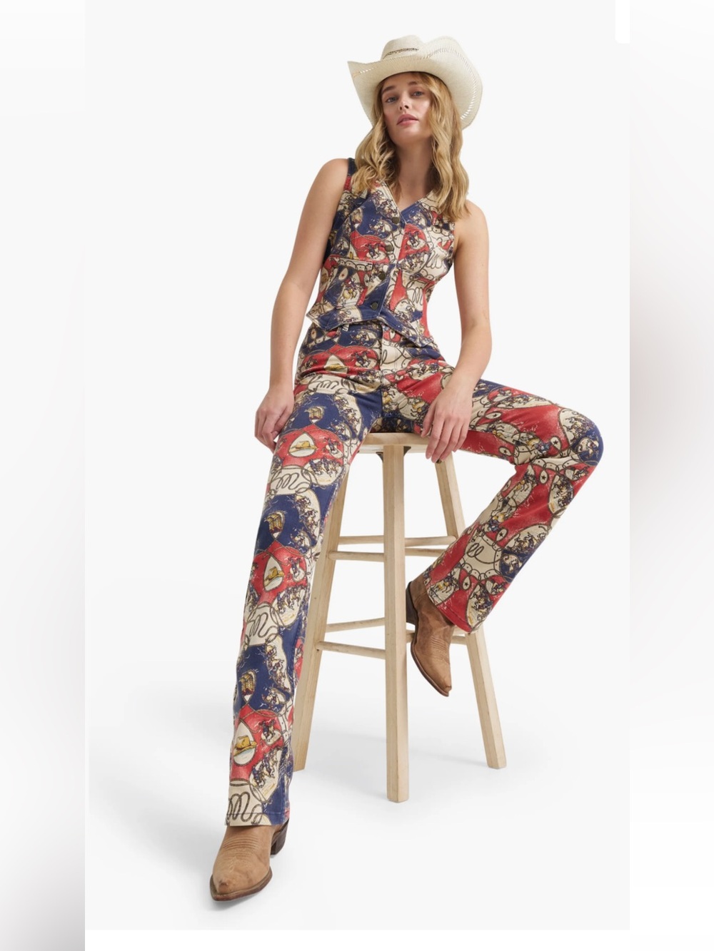 Brand New Wrangler Rodeo print Women's Red, Blue & Cream Flare Jeans